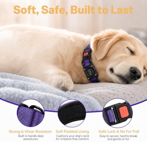 Geamen Dog Collar for Airtag Waterproof QR Code Reflective Collar(Purple,M | Built-in Waterproof Holder, QR Code Tag, Reflective,Secure Buckle