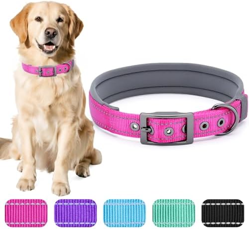 Segarty Reflective Large Dog Collar Girl Neck Size 18.9-23in, Adjustable Wide Soft Comfortable Breathable Neoprene Padded Nylon with Heavy Duty Metal Buckle for Large Medium Breeds (L, Hot Pink)