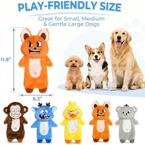 PrimePets 5PCS Plush Crinkle Squeaky Dog Toys for Small Medium Large Dogs