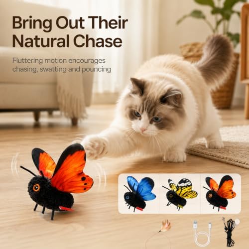 Smart Sensing Flapping Butterfly Cat Toy, Interactive Fluttering Pet Toy，Yellow