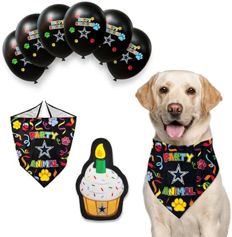 NFL Dallas Cowboys Dog Birthday Party Set 8pcs with 1 Football Bandana Large/X-Large, 1 Birthday Cake Toy & 6 B-Day Balloons, Dog Birthday Set, Costume, Fun Doggie Party Accesories