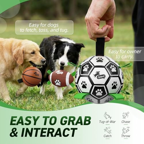 QDAN Dog Soccer Ball Football Basketball Set - 3 PCS Dog Balls with Strap for Tug of War, Soccer Ball Football Toys for Small Medium Large Dogs, Herding Ball for Dogs, Dog Birthday Toy