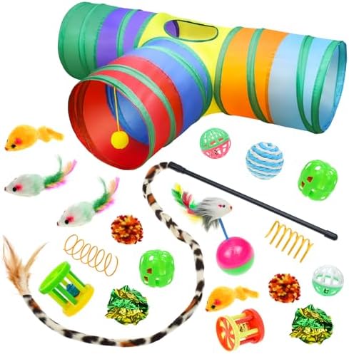 Malier Cat Toys Kitten Toys Set, Collapsible Cat Tunnels for Indoor Cats, Interactive Kitty Toys Cat Feather Toy Fluffy Mouse Crinkle Balls 3 Way Tube Tunnel Toys for Puppy Kitty Kitten