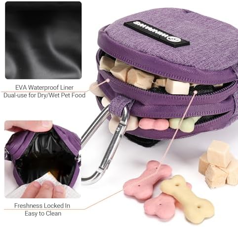 Dog Poop Bag Holder for Leashes- Dog Treat Pouch with Waterproof Zipper,Puppy Training Small Bag with Carabiner & Bungee Toggle,Two Pockets for Dry or Wet Treats-Pet Travel Walking Essentials (Purple)