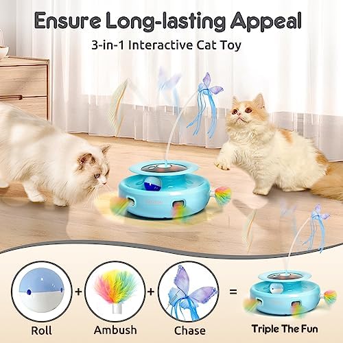 ORSDA Cat Toy, 3-in-1 Automatic Interactive Electronic Moving Ambush Feather, Fluttering Butterfly, Track Balls, USB Rechargeable Powered Smart Indoor Exercise Kicker