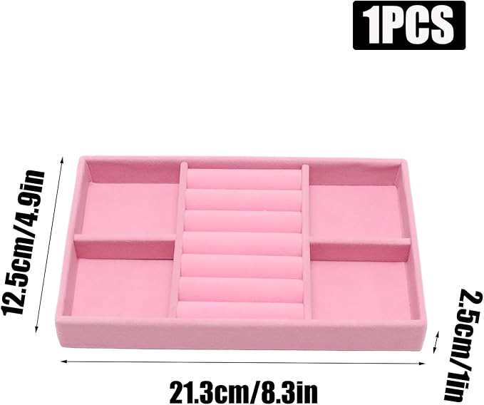 Velvet Jewelry Trays for Drawers, Pink 2-in-1 | Stackable Jewelry Drawer Organizer, Ring Earring Necklace Bracelet Holder Organizer Display Tray with Removable Dividers