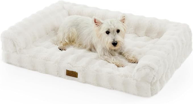 COZY KISS Faux Rabbit Fur Orthopedic Dog Bed, Dog Bed for Large Size, Supportive Foam Pet Sofa with Waterproof Lining Cover, Washable U-Shaped Pet Couch with Anti-Slip Bottom, Beige L 36x27x6.5 inch