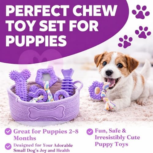 Puppy Chew Toys, 6 Pack Puppy Teething Toys for Small Breed, Soft Rubber Cute Purple Dog Toys, Eco-Friendly, Teeth Cleaning Interactive for Small Dogs (Basket not Included)