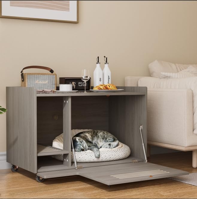 Montary Multi-Use Cat Litter Box Enclosure with Storage, Hidden Litter Box Furniture & Cat Washroom Cabinet,Wooden Pet House Side Table with Wheels, Gray