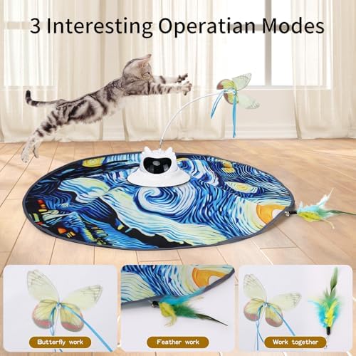 Interactive Cat Toy for Indoor Cats – Rechargeable Hide & Seek Toy for Bored Adult Cats, Touch Activated, Fluttering Feather & Butterfly, 360° Random Motion, Remote Control – Starry Night Design