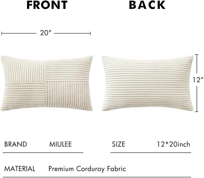 MIULEE Cream White Decorative Lumbar Throw Pillow Covers 12x20 Inch 2 Pack | Beige Neutral Boho Farmhouse Pillow Covers, Soft Cross Corduroy Patchwork Textured Cushion Cases For Couch Sofa Bed