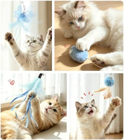 SONGWAY Interactive Cat Wand Toy Set - Retractable Cat Teaser Wand with 8 PCS Cat Toy Attachments, Dragonfly Butterfly Bird Mouse Tassel Feather Cat Toy Refills for Indoor Cats Kittens, Blue