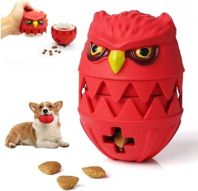 Interactive Dog Toy, Owl-Shaped Treat Dispenser, Squeaky Durable Natural Rubber Chew Ball,Red