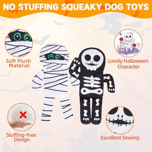 PAWCHIE Halloween Squeaky Dog Toys 2 Pcs for Small Medium Dogs,No Stuffing Crinkle Puppy Toy,Soft Pet Plush Teething Toys Mess-Free Interactive Chew Toy for Boredom Ideal, Skeleton & Mummy
