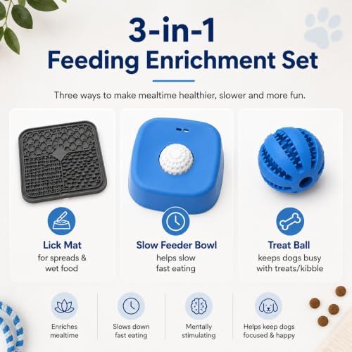 3-in-1 Dog Lick Mat & Slow Feeder Bundle with Treat Dispensing Ball, Interactive Feeding Bowl, Anxiety Relief Pet Feeding Toys, Washable Puzzle Feeding Set for Dogs