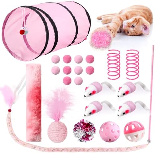 Foilswirl 24 Pcs Cat Toys Set Interactive Kitten Toys Pack, Pink