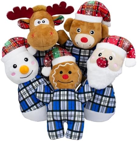 Christmas Dog Toys 5 Pack Blue Plush Squeaky Set with Santa Snowman Reindeer Bear Gingerbread Man for Small Large Medium Dogs for Gentle Play Easy Clean Not for Aggressive Chewers
