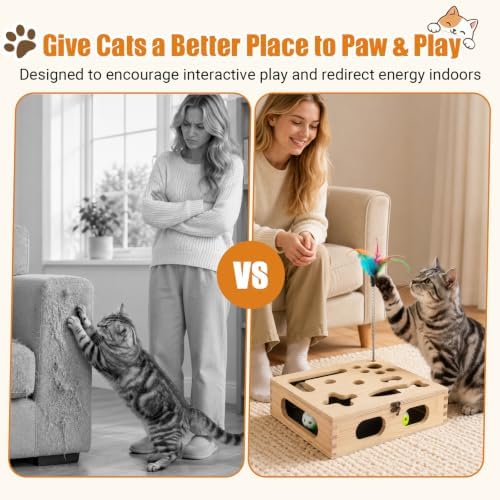 Cat Scratch Puzzle Enrichment Box, Wooden Interactive Toy for Indoor Cat