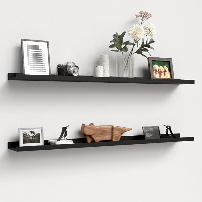 Boswillon Floating Shelves Set of 2, Long Wall Shelf with Lip, 48in, Black | Display Ledge Shelf for Room Wall, Wall Decor Shelves for Bathroom, Living Room, Bedroom, Kitchen, Nursery Room, Modern, Wood