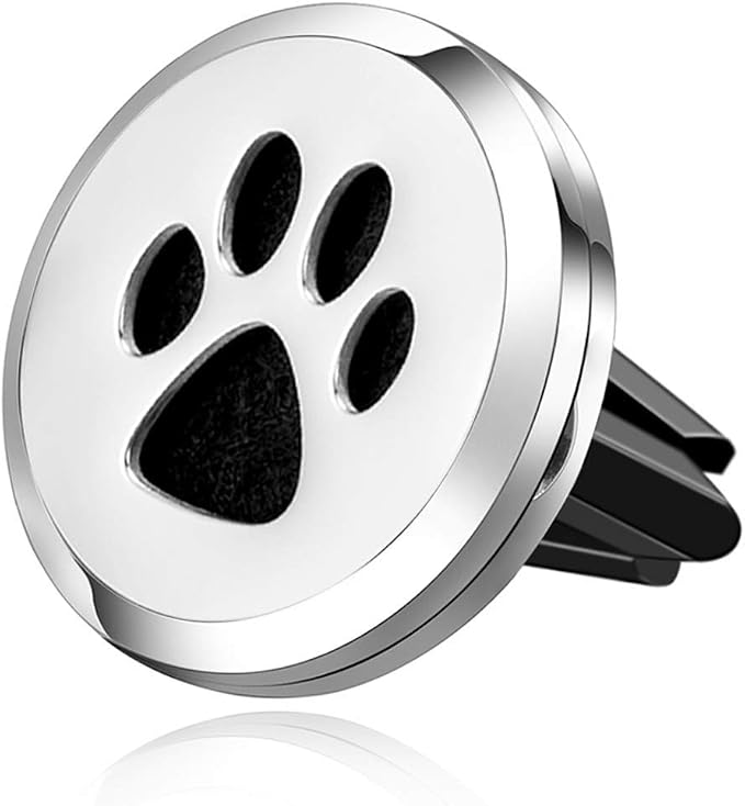 Wild Essentials Dog Paw Essential Oil Car Vent Diffuser Kit – 316L Stainless Steel Locket, Rubber-Coated 4-Way Clip, 8 Color Pads (22mm), 25mm – Includes Alert & Inner Calm (2 x 10ml)