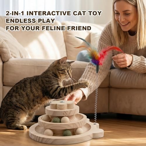 Interactive Wooden Cat Toy with Catnip Balls & Spring Feather Wand, 3-Tier Pine Wood Track Ball Tower for Indoor Cats, Kitten Mental Stimulation & Exercise Play Set
