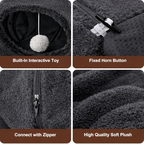 Cat Tunnel Bed with 2 Catnip Fish Toys (1000mg Natural Catnip) Interactive Cat Toys, Cat Tubewith Kitten Toys for Indoor Kittens, Collapsible Play Tunnel, Dark Grey