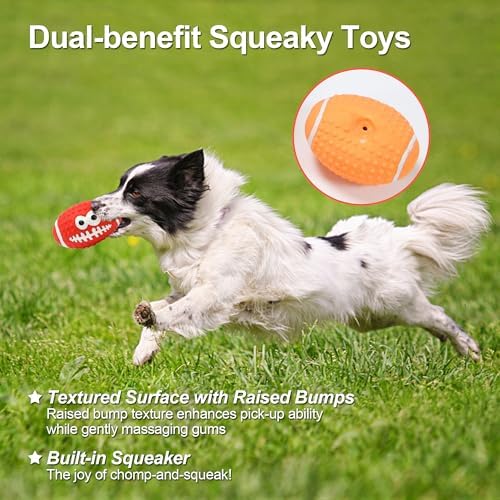 Squeaky Football Dog Toys, 3.6 inch Interactive Rubber Dog Training Balls, Squeaky Rugby Balls Chew Toys for Medium/Large Dogs