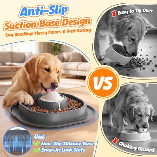 2-in-1 Slow Feeder Dog Bowl with Rolling Ball, Interactive Lick Bowl Toy for Dogs & Cats, Anti-Gulp Maze Feeder with Suction Base for Wet Food, Bone Broth & Treats, Anxiety Relief Enrichment Toy-Grey