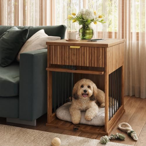 Dog Crate End Table with Charging Station, Wooden Dog Kennel Furniture with Hideaway Tempered Glass Door, Multi-Functional Pet Station Side Table with Storage Drawer (Antique Brown)
