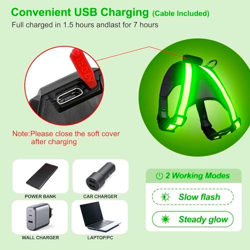 Visinite LED Dog Harness, USB Rechargeable Light Up Dog Vest, 2 Illuminate Modes Glow in The Dark Dog Harness, Adjustable Lighted Pet Harness Light for Night Walking Safety (Green, L)