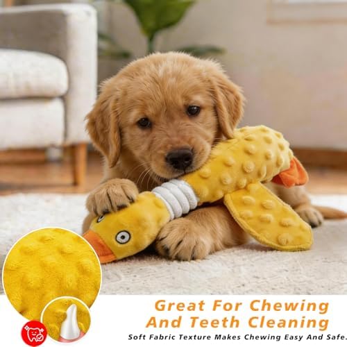 Squeaky Dog Toys for Aggressive Chewers, Durable Stuffed Animal Plush Dog Toy with Soft Fabric for Large, Medium & Small Dogs, Interactive Puppy Chew Toy for Teething, Crinkle Duck Dog Toy - Yellow