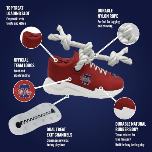 MLB Philadelphia Phillies Cleat Sneaker Spike Dog Toy, Baseball Treat Dispenser Chew Toy for Dogs, Interactive Rope Tug Toy, Slow Feeder Natural Rubber Dog Toy with Official Team Logo