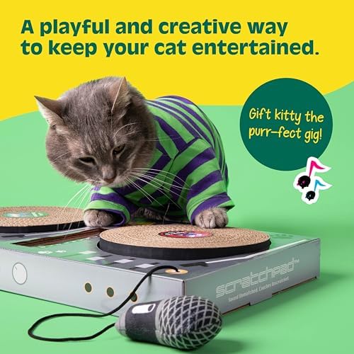 DJ Scratchpad by Relatable, Enrichment Cat Toys And Kitten Toys For Your Furry Friends, Cat Tree Essentials, Includes Box With 2 Scratch Wheels, 1 Plastic Ball With Bell, And Attached Microphone Plush