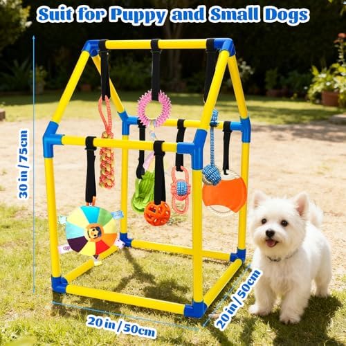 Puppy Play Gym with 9 Hanging Toys, Interactive Dog Enrichment Playground, Removable Indoor Training Activity Center for Puppies & Small Dogs, Adjustable PVC Frame, Teething & Squeaky Toys Included