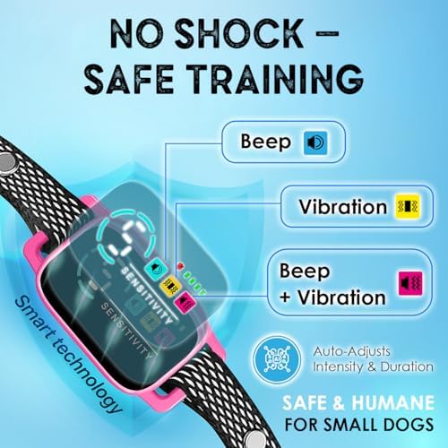 Bark Collar for Small Dogs 8-40 Ibs - No Shock Anti Barking Collar with Al Chip - 3 Modes & 5 Sensitivity Levels - Waterproof, Rechargeable, Magnetic Charging - Humane, Effective Training (Pink)