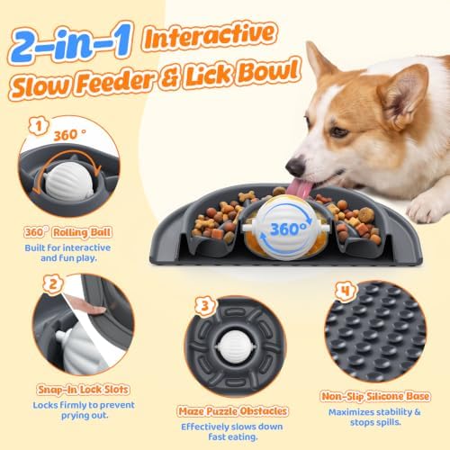 2-in-1 Slow Feeder Dog Bowl with Rolling Ball, Interactive Lick Bowl Toy for Dogs & Cats, Anti-Gulp Maze Feeder with Suction Base for Wet Food, Bone Broth & Treats, Anxiety Relief Enrichment Toy-Grey