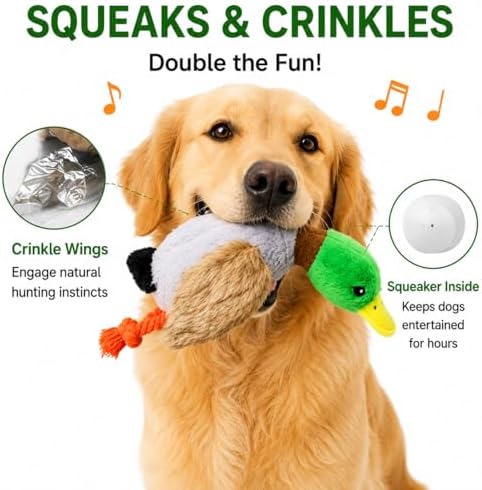 Duck Squeaky Dog Toy with Crinkle Wings and Rope Legs, Interactive Plush Dog Toy for Small Medium Large Dogs, Durable Chew and Tug Toy for Fetch, Boredom Relief, Mental Stimulation and Indoor Play