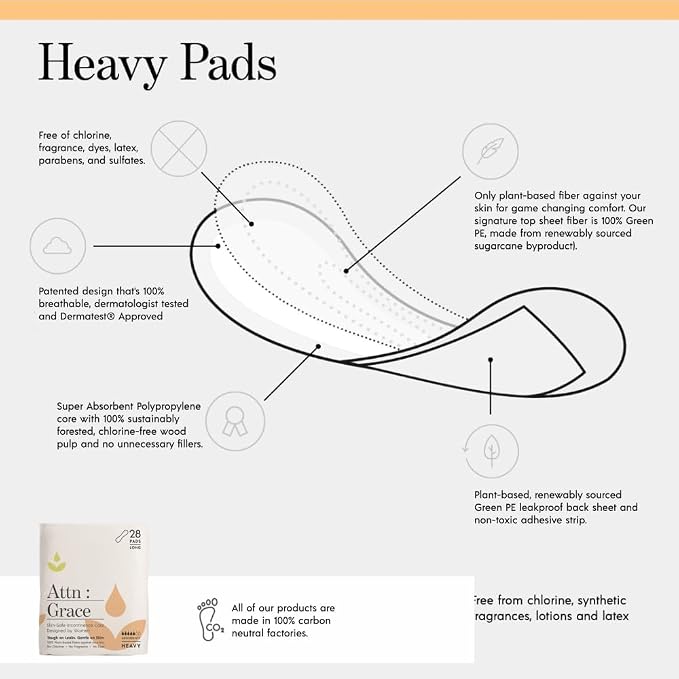 Attn: Grace Heavy Incontinence Pads for Women, 4-Pack (112 Pads Total / 28 per Pack) - Plant-Based, High Absorbency, Breathable - Incontinence Pads for Heavy Bladder Leaks & Sensitive Skin
