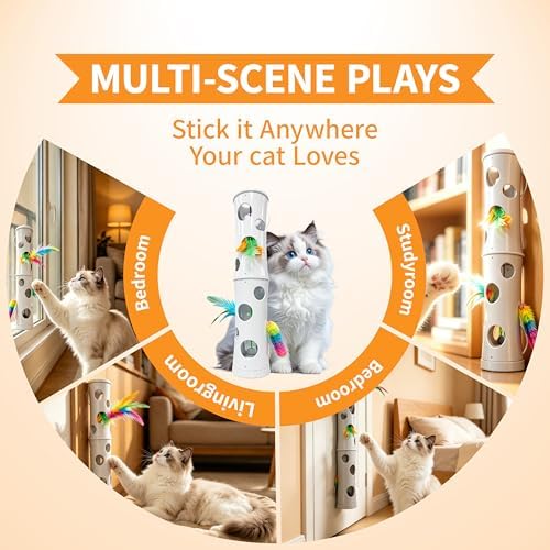 Kzoom Interactive Cat Feather Toy, Cat Toy Automatic Fluffy Tail Teaser with Motion Activated, USB Rechargeable, Suction Cup for Stable Play, Perfect for Indoor Cats