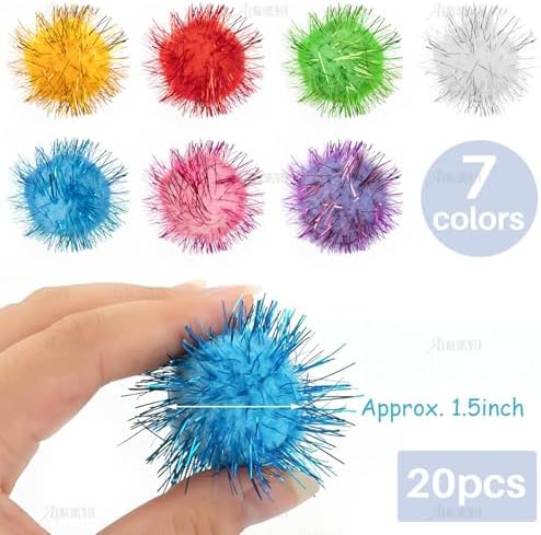AUEAR, 20 Pack Sparkle Balls 1.5 Inches Tinsel Poms for Cats Pets Assorted Colors