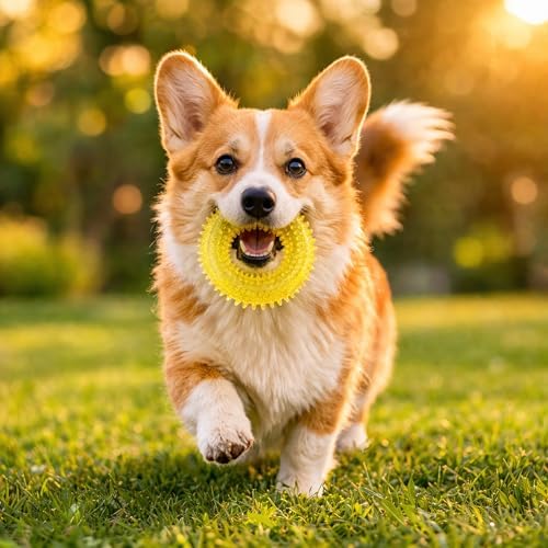 Squeaky Spiky Dog Ring Toy for Teeth Cleaning & Gum Massage 3.9 Inch Small Medium Dogs Yellow | Spiny TPR Rubber Chew Toy for Fetch Play Interactive Bouncy Dental Ring Durable BPA Free Nontoxic Floats