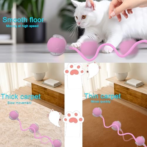 Interactive Cat Dog Toy Ball: Indoor Automatic Moving Smart Rolling Fun Pet Game with Led Light and Tail for Motion Activated, Kitten Puppy Present, Chase Exercise, Hunting Simulation-Upgrade (Pink)