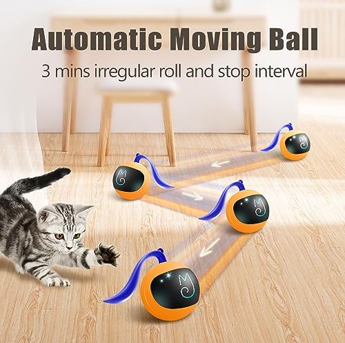 Migipaws Interactive Cat Ball Toy Set, Fun Tracker, Automatic Rolling Chase Ball with Fluffy Tail, A Small Mice, Rechargeable (Orange)