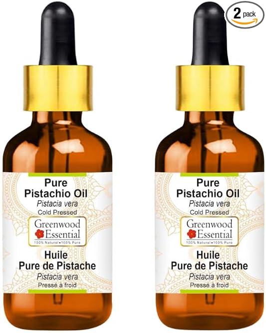 Greenwood Essential Pistachio Oil (Pistacia vera) with Glass Dropper | Cold Pressed | Natural | Undiluted | For Diluting Essential Oils | For Skin & Massage | Men & Women | 50ml X 2 (3.38 oz)
