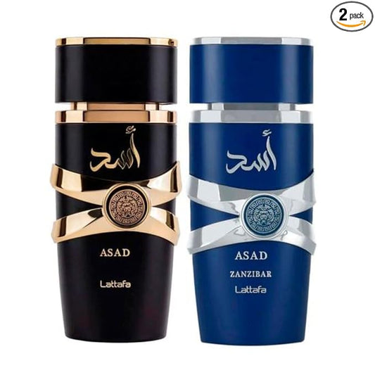 Lattafa Asad 5th Anniversary Edition – Spicy, Woody, Amber, Sweet – 2 Piece Eau de Parfum Gift Set for Men (Asad + Asad Zanzibar, 2 × 3.4 Ounce / 100 ml Sprays)