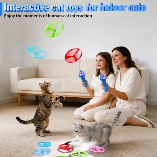 BABORUI Cat Toy Disc Launcher, Rechargeable Interactive Cat Fetch Toy Launcher with 8 Flying Discs, Flying Enrichment Toys for Indoor Bored Kittens & Adult Cats (Blue)
