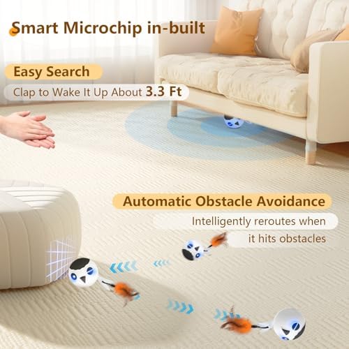 Cat Toys Ball, Smart Motion Sensor Moving Ball with 4 Sounds& 3 Speed Modes | Interactive Automatic Cat Toy for Indoor Cats,Fast Rolling Motion Activated Chirping Stimulating Light, 2 Feather Refill