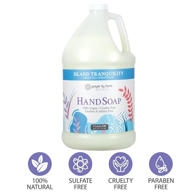 Ginger Lily Farms Botanicals All-Purpose Liquid Hand Soap Refill, Island Tranquility, 100% Vegan & Cruelty-Free, Green Tea Lemongrass Scent, 1 Gallon (Pack of 4)