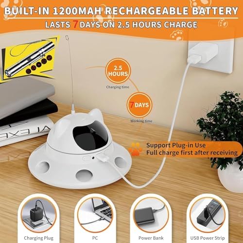 3-in-1 Auto Laser Cat Toy, USB Recharge Motion Activated Kitten Feather Chase Toy - Pure White