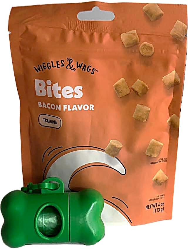 Wiggles & Wags Bites Bacon Flavor Training Dog Treats. with a Bone Shaped Waste Bag Dispenser & Roll Colors Vary. 1-4 OZ Bag.